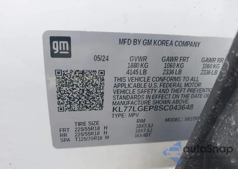 2025 Chevrolet Trax Fwd 1Rs z USA, uszkodzony, nr VIN KL77LGEP8SC043648